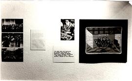 Impresión en blanco y negro sobre papel, pared exposición de arpilleras.