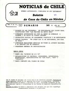 Noticias de Chile. N° 52 Año II Del 4 al 11 de septiembre al de 1985