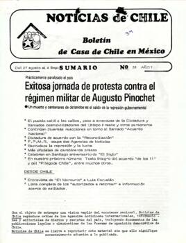 Noticias de Chile. N° 51 Año I Del 27 de agosto al 4 septiembre al de 1985
