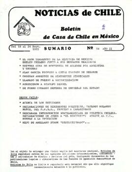 Noticias de Chile. N° 54 Año II Del 18 al 24 de septiembre al de 1985