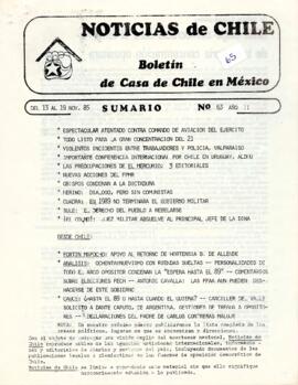 Noticias de Chile. N°63. Año II. Del 13 al 19 de noviembre de 1985.