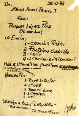 De: Miguel Ángel Pizarro I. Para: Raquel López Piña ("Mi gran amor")