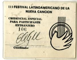 Tarjeta credencial del Tercer Festival Latinoamericano