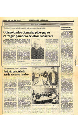 "Obispo Carlos González pide que se entregue paradero de otros cadáveres." (1)