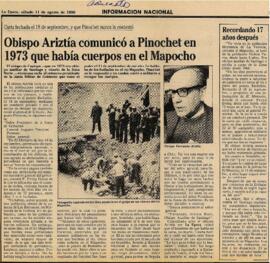 "Obispo Ariztía comunicó a Pinochet en 1973 que había cuerpos en el Mapocho."