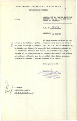 Minuta para toma de razón del Decreto 402 de 1977, del Ministerio del Interior.