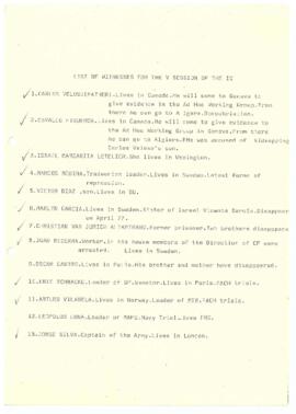 List of witnesses for the V session of the IC