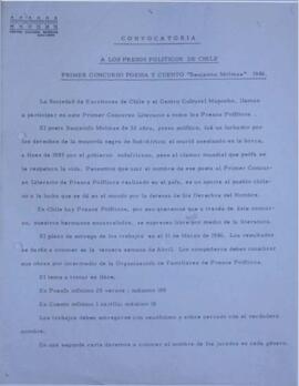 Convocatoria “A los presos políticos de Chile. Primer concurso de poesía y cuento “Benjamín Moloi...