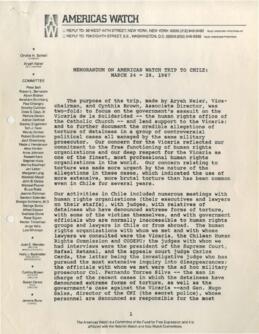 Memorandum on Americas Watch trip to chile: March 24-28 1987