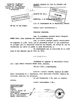 Decreto N°147. Prohibición de ingreso al país de Nuria Virginia Nuñez Rius.