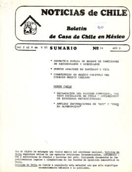 Noticias de Chile.  N°34. Año I. Del 2 al 9 de mayo de 1985.