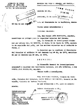 Decreto N°67. Expulsa del Pais a Manuel Jaña Marcoleta, ciudadano español.