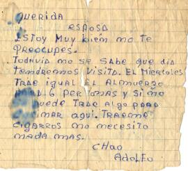Querida Esposa: Estoy muy bien, no te preocupes. Todavía no se sabe qué día tendremos visita...