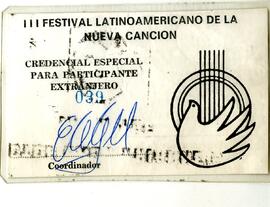 Tarjeta credencial del Tercer Festival Latinoamericano de la Nueva Canción