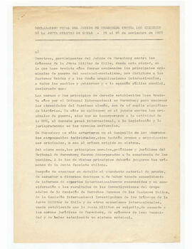 Declaración final del juicio de Nuremberg contra los crímenes de la junta militar de Chile . 24 a...