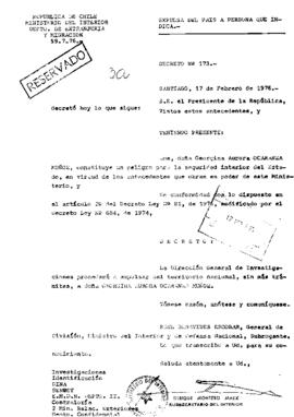 Decreto N°173. Expulsa del país a Georgina Aurora Ocaranza Muñoz.
