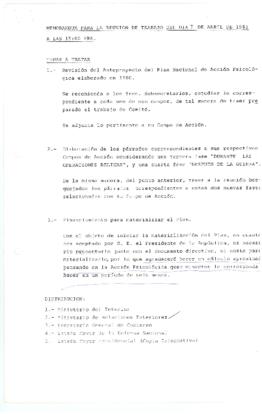 Memorandum para la reunión de trabajo del día 7 de abril de 1981 a las 15:00 hrs.