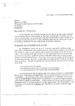 Carta de la Comisión Política del Partido Socialista de Chile sobre la Alianza Democrática