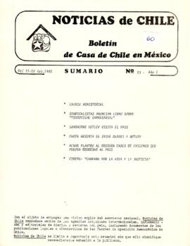 Noticias de Chile.  N°23. Año I. Del 21 al 28 de febrero de 1985.