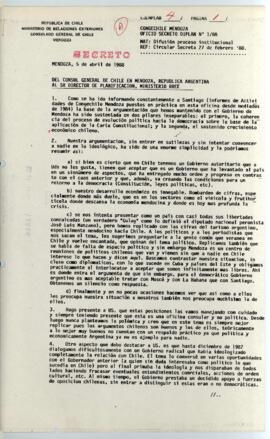 CONGECHILE Mendoza Oficio Secreto Diplan N° 1/88 - Ministerio de Relaciones Exteriores, Consulado...