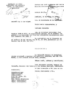 Decreto N° 57. Expulsa del país a Juan Esteban Aguilar Ruiz, de nacionalidad peruana.