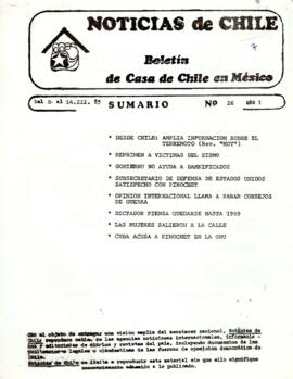 Noticias de Chile.  N°26. Año I. Del 8 al 14 de marzo de 1985