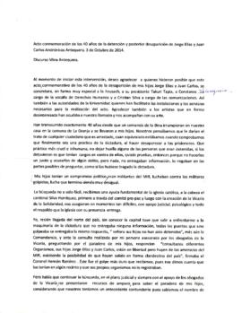 Acto conmemoración de los 40 años de la detención y posterior desaparición de Jorge Elías y Juan Carlos Andrónicos Antequera. 3 de Octubre de 2014. Discurso Mina Antequera